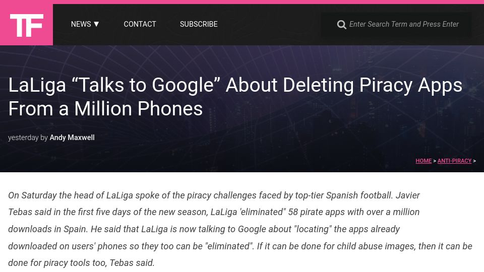 Screenshot of torrentfreak.com: LaLiga “Talks to Google” About Deleting Piracy Apps from a Million Phones