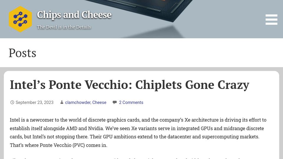 Screenshot of chipsandcheese.com: Intel’s Ponte Vecchio: Chiplets Gone Crazy