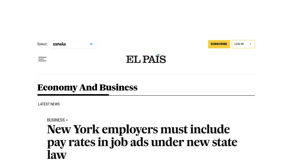 Screenshot of english.elpais.com: New York employers must include pay rates in job ads under new state law