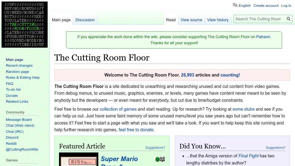 Screenshot of tcrf.net: The Cutting Room Floor