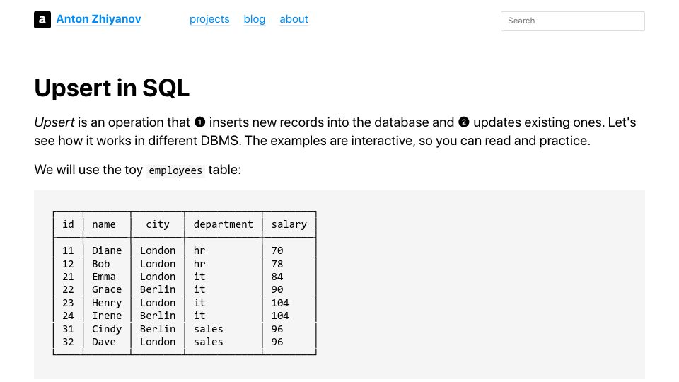 Screenshot of antonz.org: Upsert in SQL
