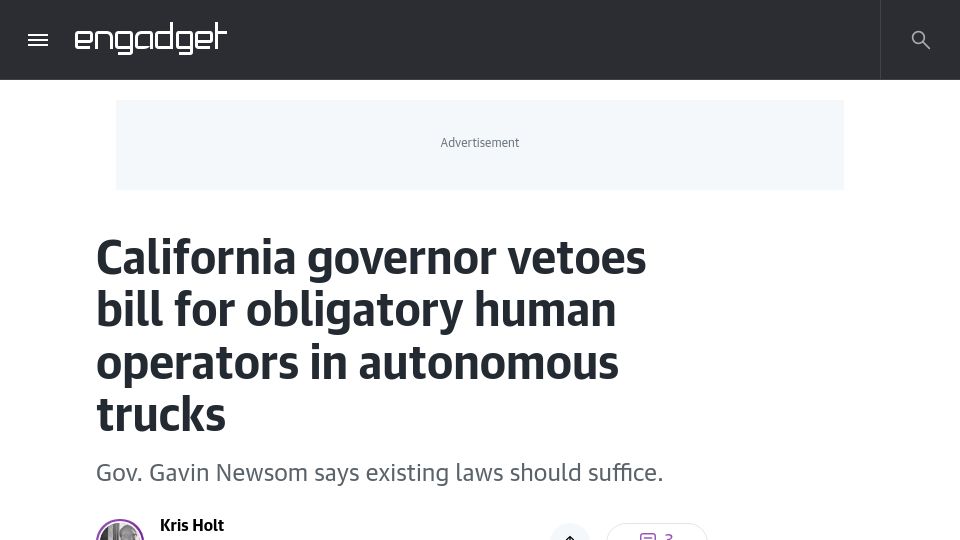 Screenshot of engadget.com: California governor vetoes bill to require human operators in autonomous trucks