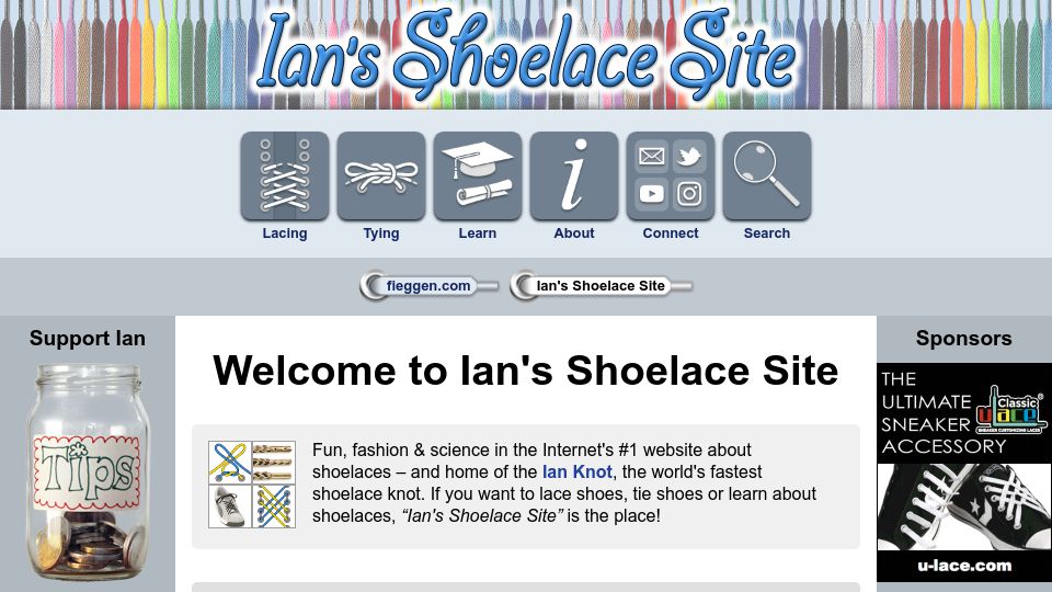 Screenshot of fieggen.com: Ian's Shoelace Site