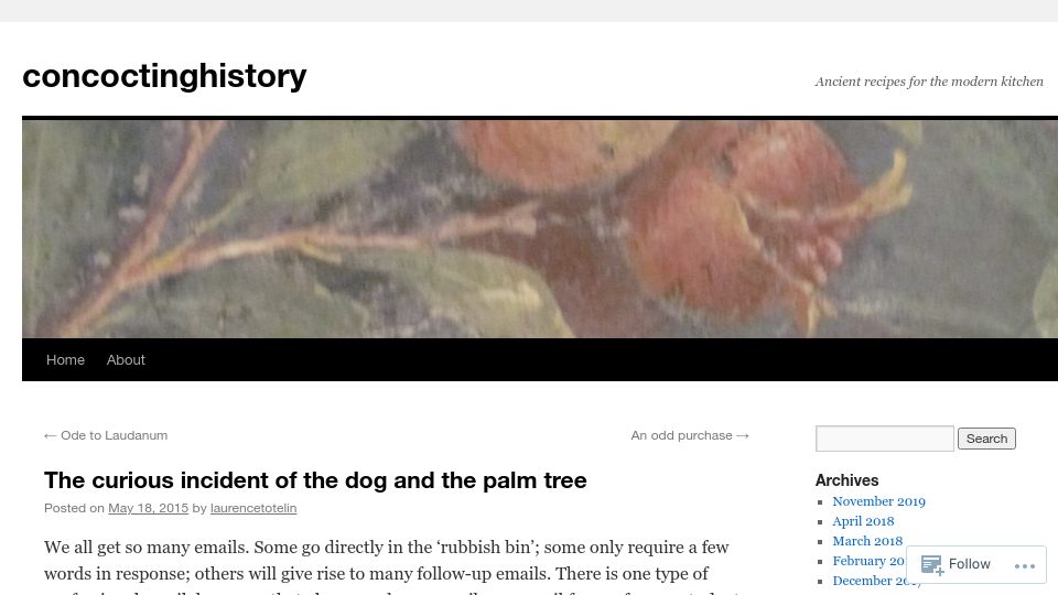 Screenshot of ancientrecipes.wordpress.com: The curious incident of the dog and the palm tree (2015)