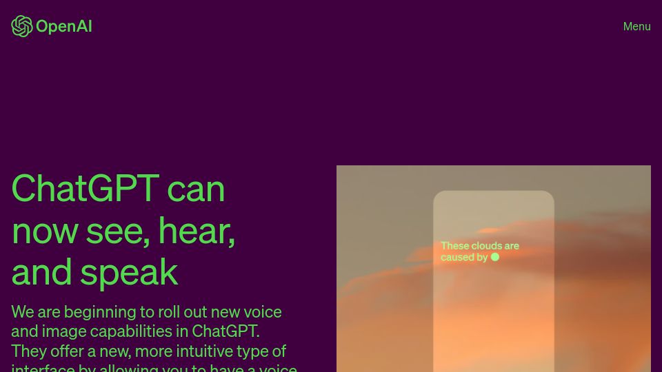 Screenshot of openai.com: We are beginning to roll out new voice and image capabilities in ChatGPT