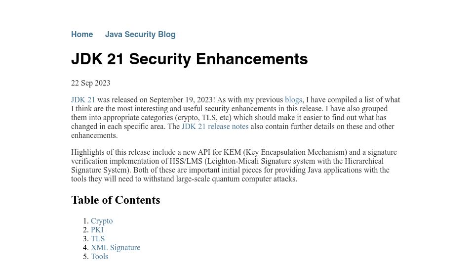 Screenshot of seanjmullan.org: JDK 21 Security Enhancements