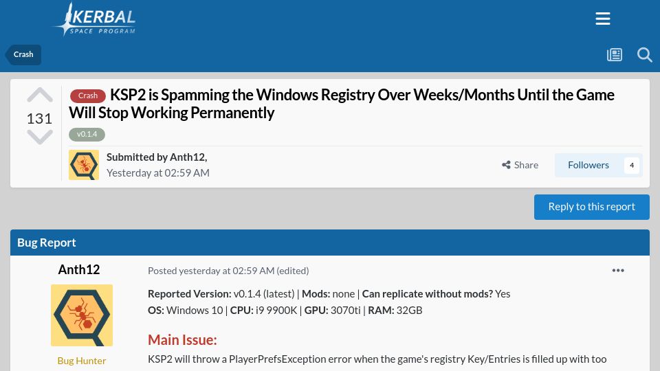 Screenshot of forum.kerbalspaceprogram.com: KSP2 is spamming the Windows Registry until the game stops working