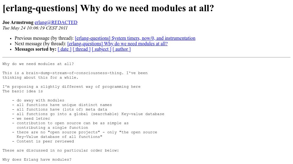 Screenshot of erlang.org: Why do we need modules at all? (2011)