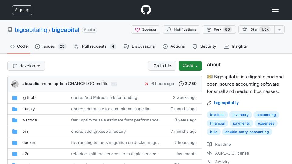 Screenshot of github.com: Show HN: Bigcapital - A open-source alternative to QuickBooks