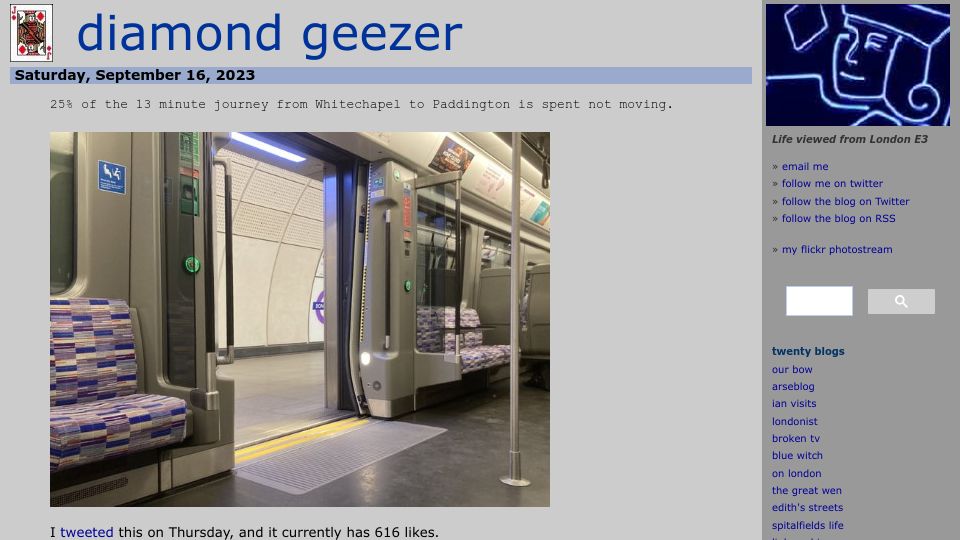 Screenshot of diamondgeezer.blogspot.com: 25% of the 13 minute journey from Whitechapel to Paddington is spent not moving
