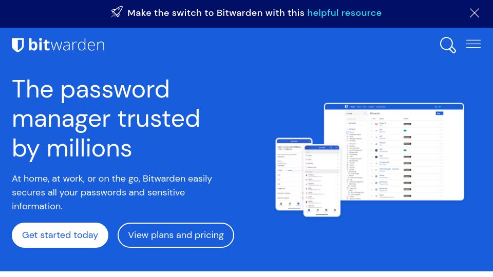 Screenshot of bitwarden.com: Bitwarden: Free, open-source password manager