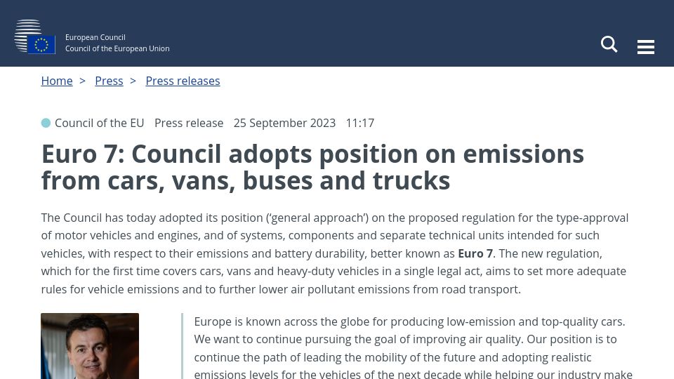 Screenshot of consilium.europa.eu: EU’s Euro 7 will also consider tyre and brake particle emissions
