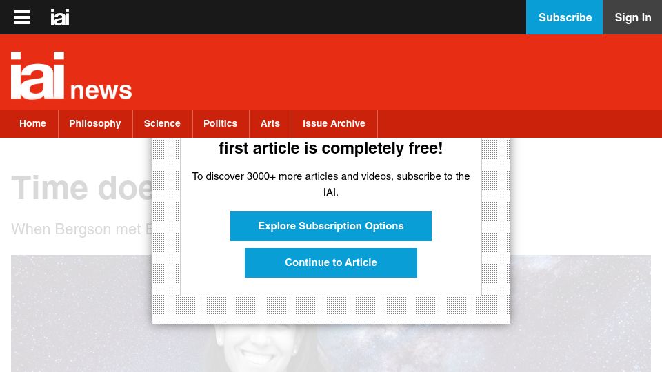 Screenshot of iai.tv: Time Doesn’t Belong to Physics – When Bergson met Einstein