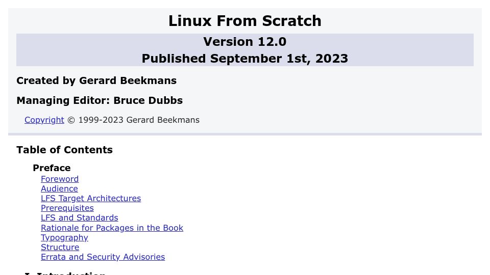 Screenshot of linuxfromscratch.org: Linux from Scratch Version 12.0