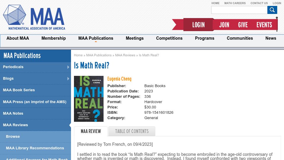Screenshot of maa.org: Is Math Real?