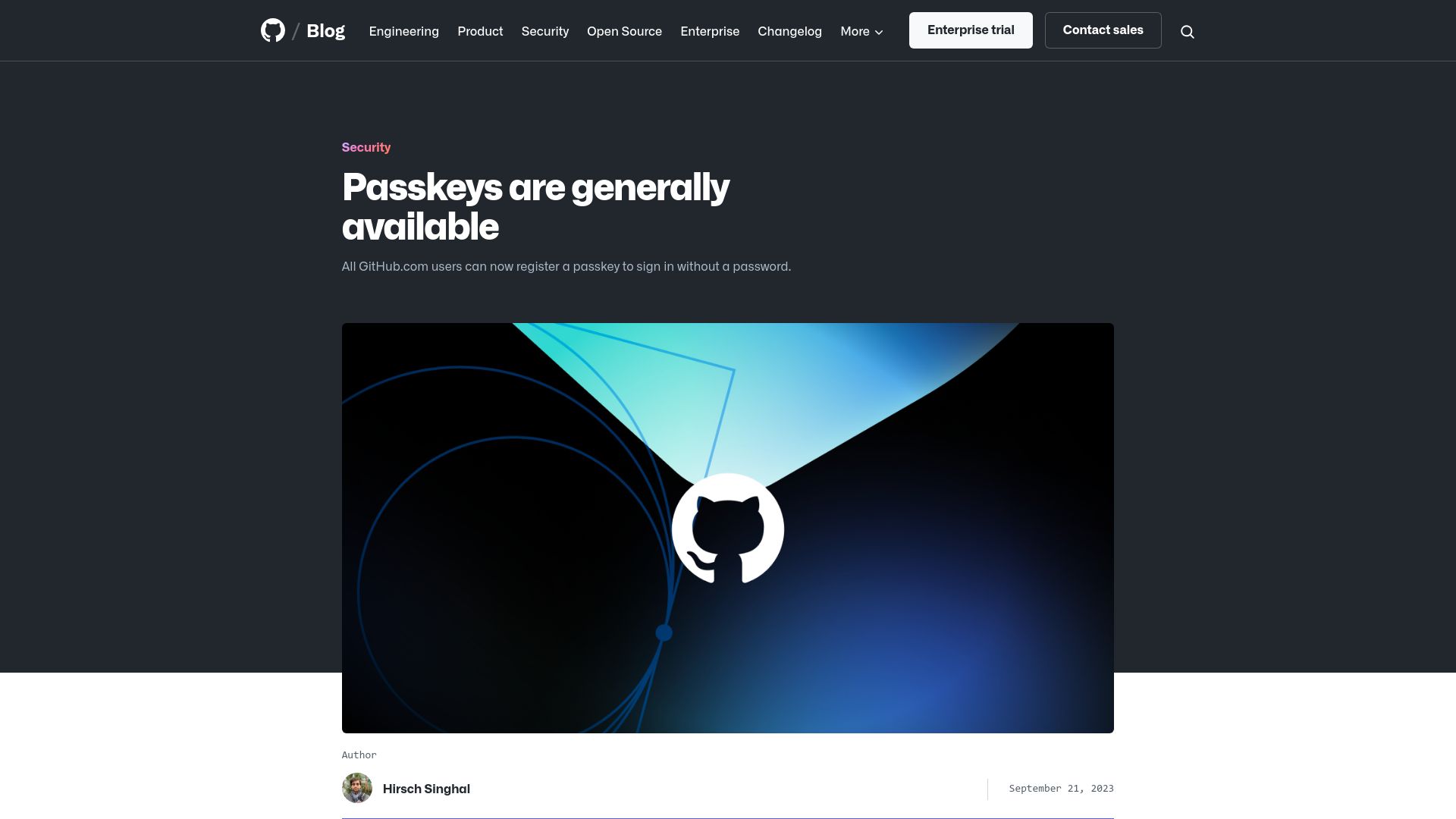 Screenshot of github.blog: Passkeys are generally available