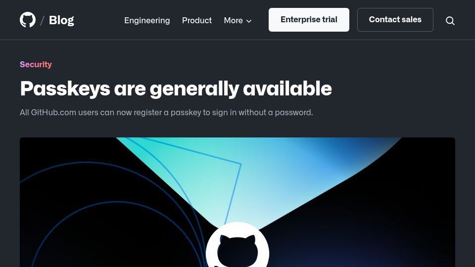 Screenshot of github.blog: Passkeys are generally available
