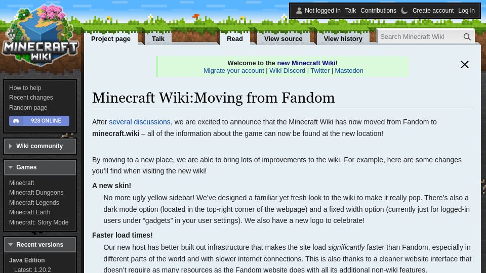 Screenshot of minecraft.wiki: Minecraft Wiki has forked from Fandom