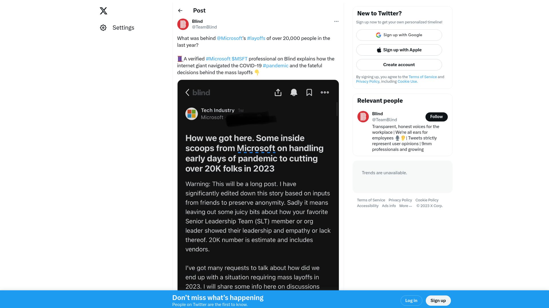 Screenshot of twitter.com: What was behind Microsoft's layoffs of over 20k people in the last year?