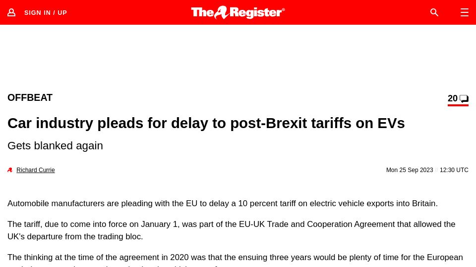 Screenshot of theregister.com: Car industry pleads for delay to post-Brexit tariffs on EVs