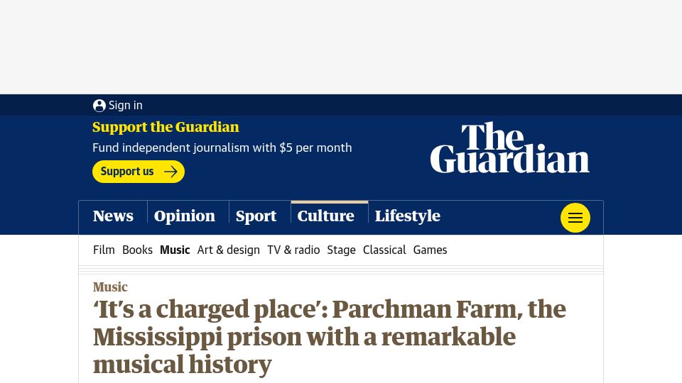 Screenshot of theguardian.com: Parchman Farm, a Mississippi prison with a musical history