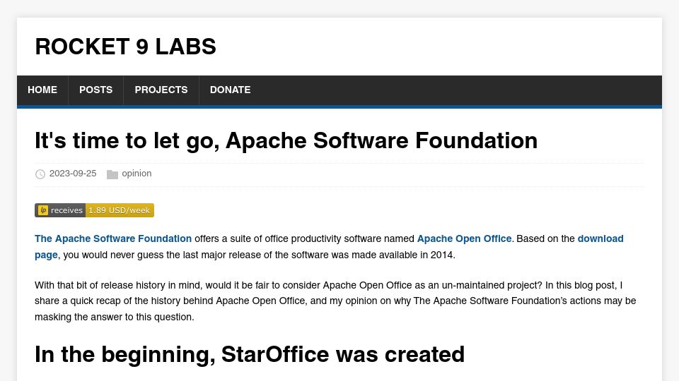 Screenshot of rocket9labs.com: Apache Open Office as an unmaintained project?