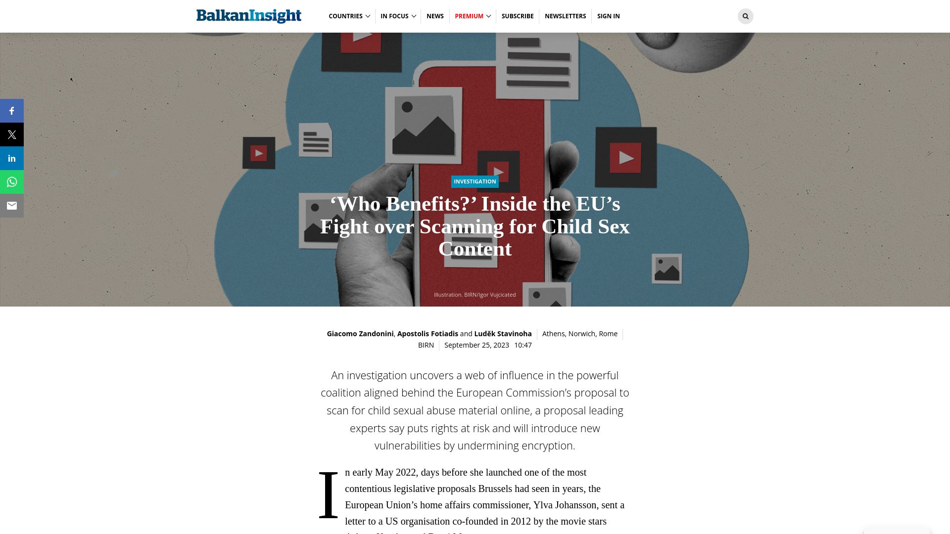 Screenshot of balkaninsight.com: ‘Who Benefits?’ Inside the EU’s Fight over Scanning for Child Sex Content