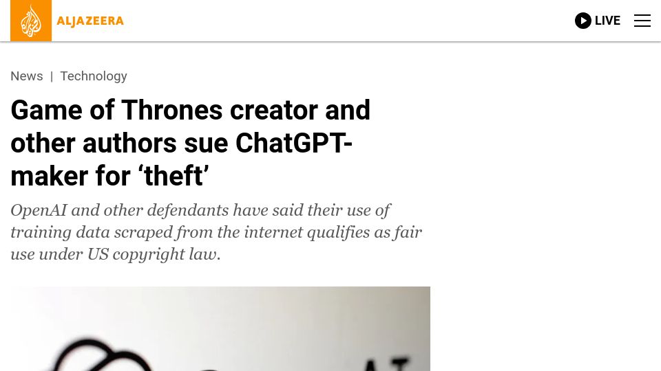 Screenshot of aljazeera.com: Game of Thrones creator and other authors sue ChatGPT-maker for ‘theft’
