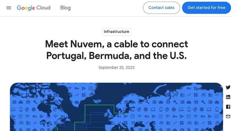 Screenshot of cloud.google.com: Nuvem, a subsea cable to connect Portugal, Bermuda, and the U.S.