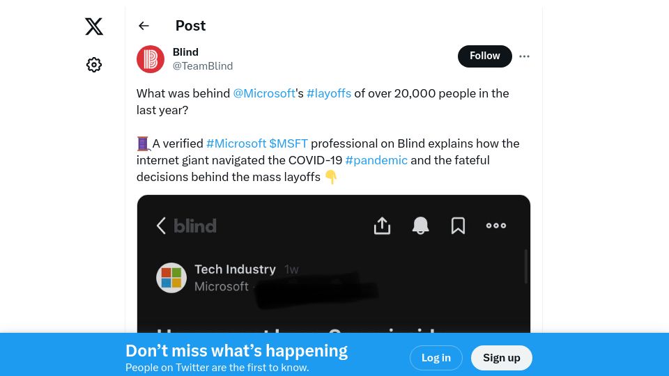 Screenshot of twitter.com: What was behind Microsoft's layoffs of over 20k people in the last year?