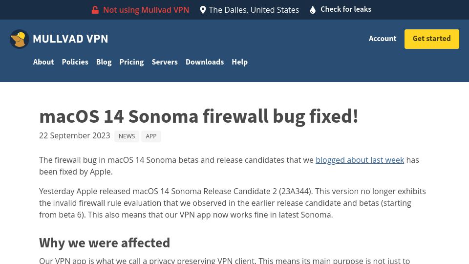 Screenshot of mullvad.net: macOS 14 Sonoma firewall bug fixed
