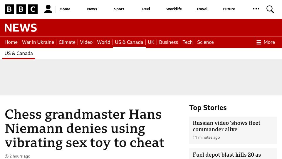 Screenshot of bbc.com: Chess grandmaster Hans Niemann denies using vibrating sex toy to cheat