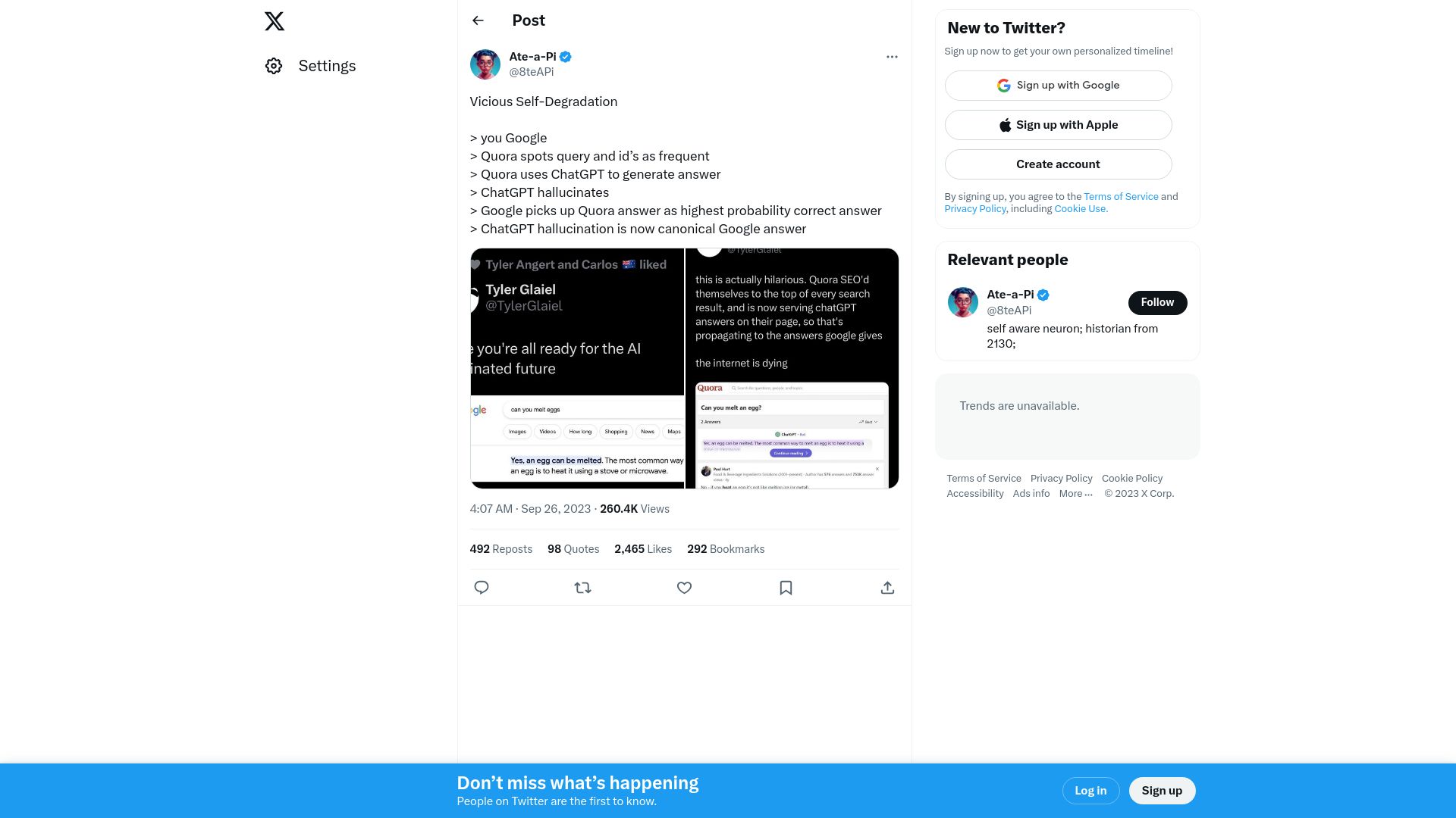 Screenshot of twitter.com: Google is picking ChatGPT responses from Quora as correct answer
