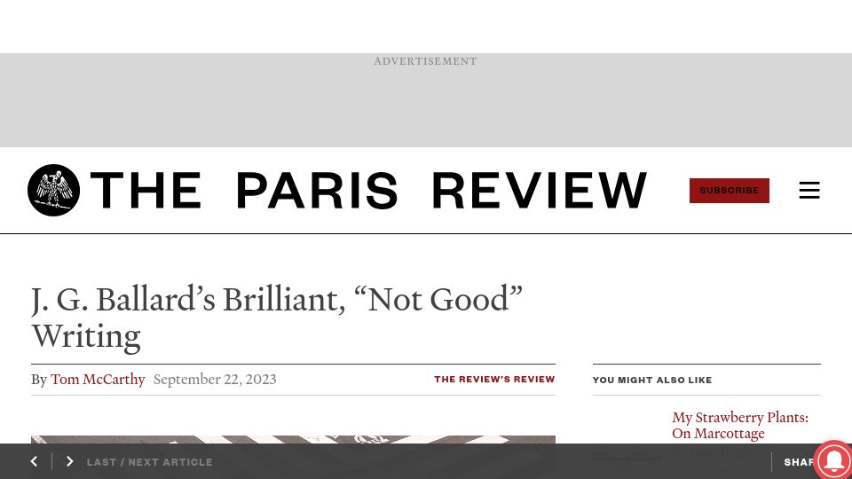 Screenshot of theparisreview.org: J. G. Ballard’s brilliant, “not good” writing