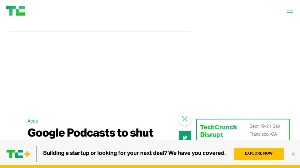 Screenshot of techcrunch.com: Google Podcasts to shut down in 2024