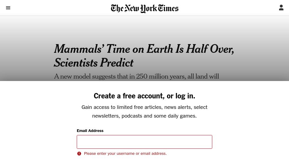 Screenshot of nytimes.com: Mammals’ time on Earth is half over, scientists predict
