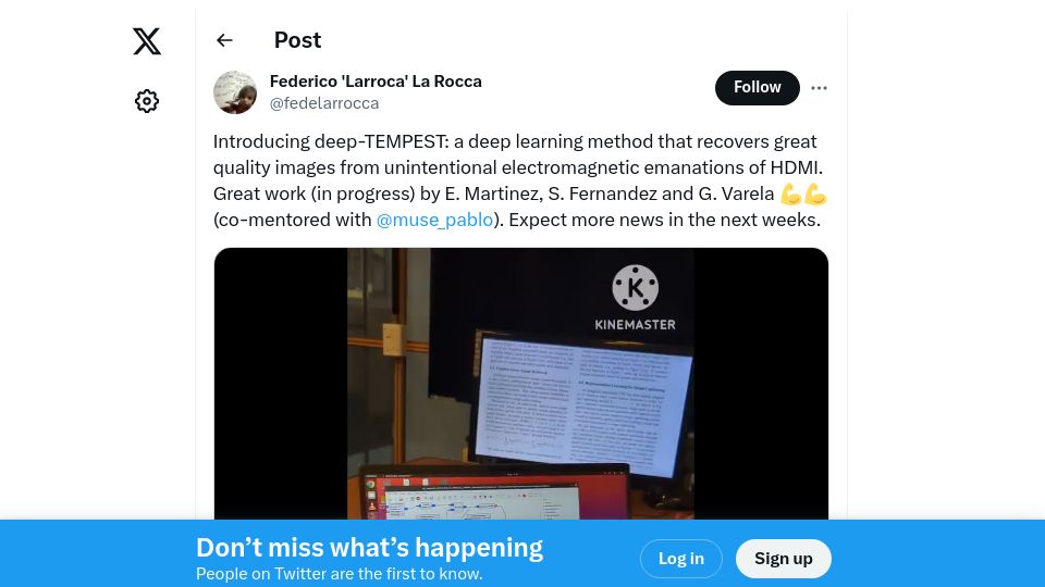 Screenshot of twitter.com: Deep-TEMPEST: Recovering images from unintentional EM radiation of HDMI