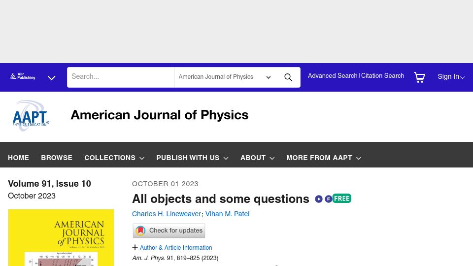 Screenshot of pubs.aip.org: All objects and some questions