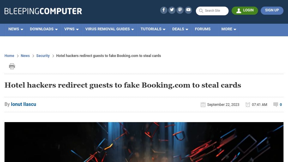 Screenshot of bleepingcomputer.com: Hotel hackers redirect guests to fake Booking.com to steal cards