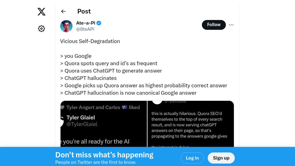 Screenshot of twitter.com: Google is picking ChatGPT responses from Quora as correct answer