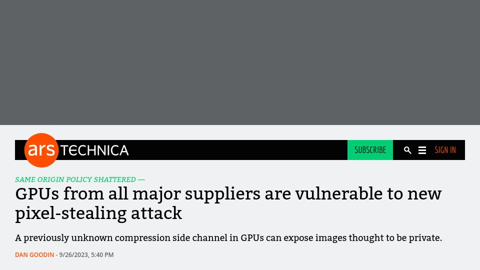 Screenshot of arstechnica.com: Sidechannel pixel-stealing attack works in Chromium on all modern GPUs