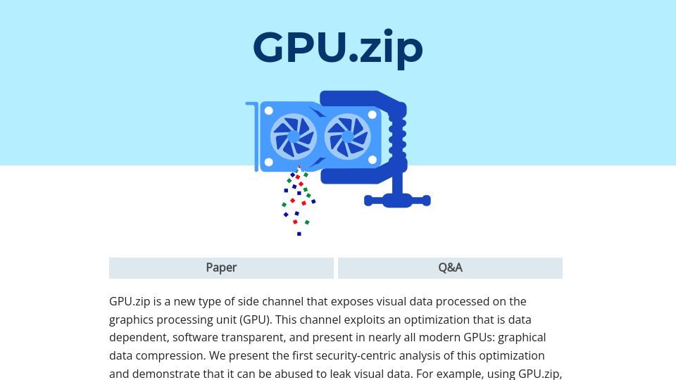Screenshot of hertzbleed.com: GPU.zip: side channel attack that exposes visual data processed on the GPU