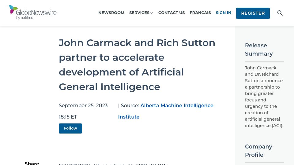 Screenshot of globenewswire.com: John Carmack and Rich Sutton partner to accelerate development of AGI