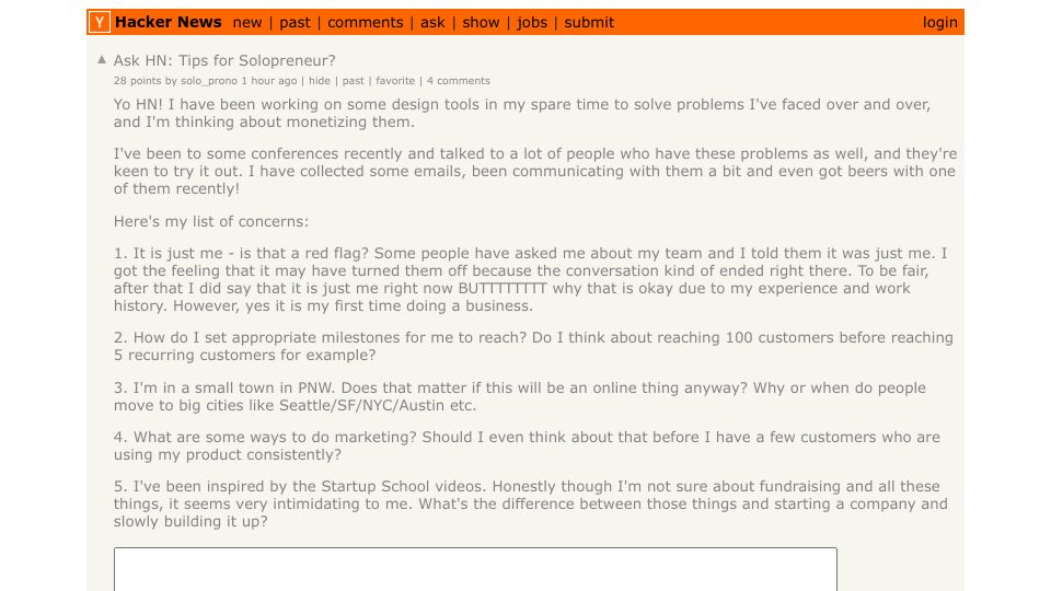 Screenshot of Hacker News post: Ask HN: Tips for Solopreneur?