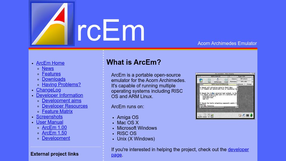Screenshot of arcem.sourceforge.net: ArcEm – The Acorn Archimedes Emulator