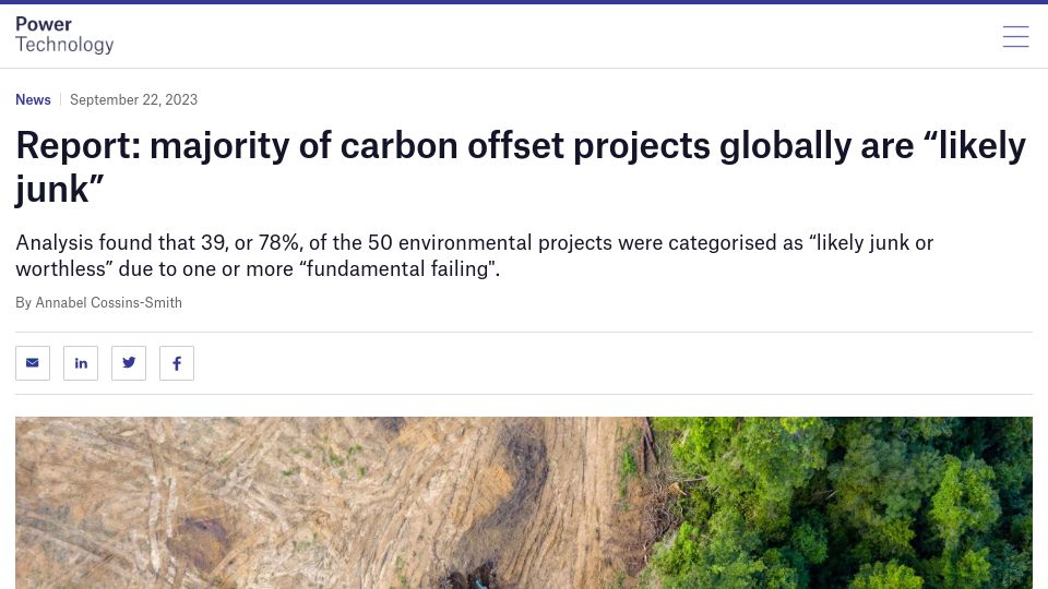 Screenshot of power-technology.com: Investigation: 78% of carbon offset projects globally are “likely junk“