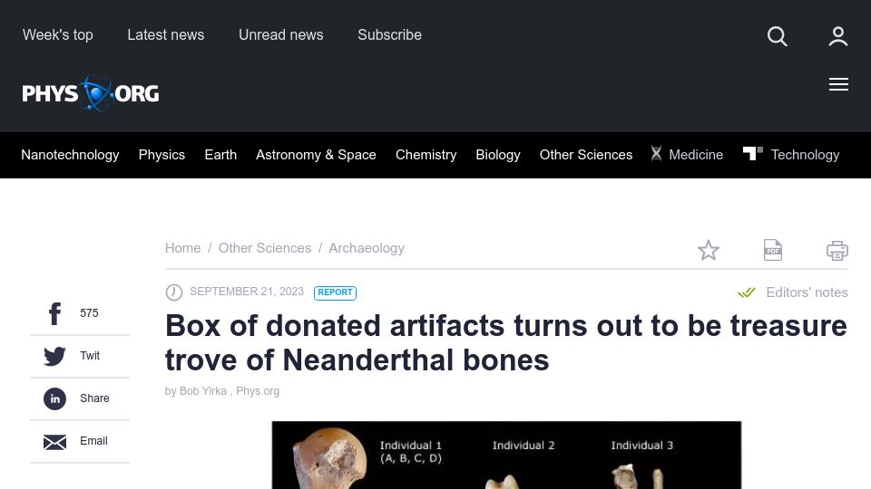Screenshot of phys.org: Box of donated artifacts turns out to be treasure trove of Neanderthal bones