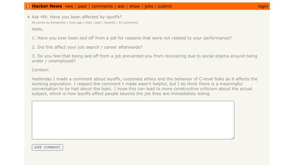 Screenshot of Hacker News post: Ask HN: Have you been affected by layoffs?