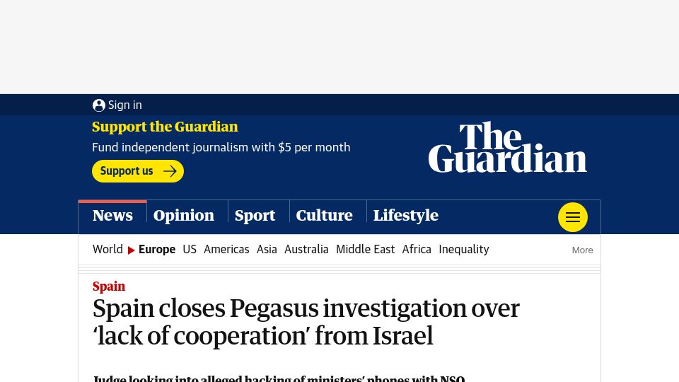Screenshot of theguardian.com: Spain cancels Pegasus spyware investigation because Israel is not co-operating