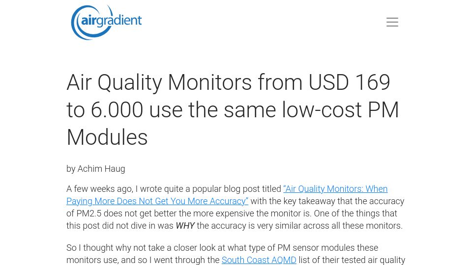 Screenshot of airgradient.com: Air Quality Monitors from USD $169 to $6k use the same low-cost PM Modules